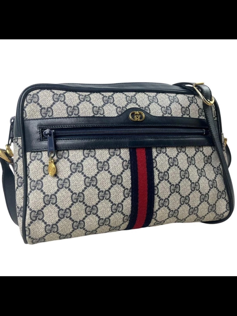 Gucci Beige GG Canvas Shoulder Bag with Navy Trim and Red Stripe